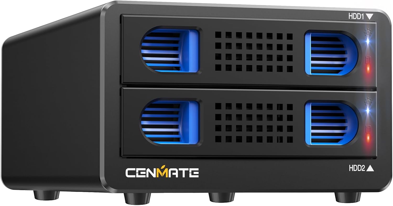 CENMATE Raid 2 Bay Aluminum Fan Enclosure for 2.5/3.5 SATA HDD/SSD with USB A/C 3.0, Toolless Hard Drive Enclosure with 4 Raid Modes