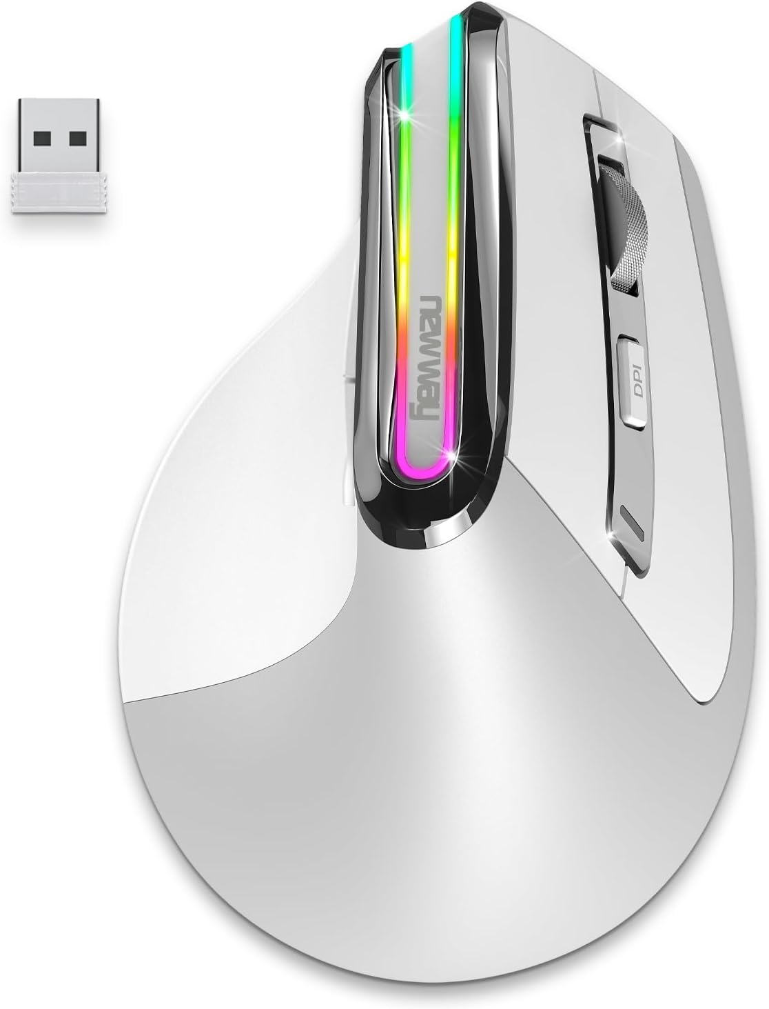 NEWWAY - A9 Wireless Vertical Mouse - WiFi 2.4 GHz/Wireless/USB C - Rechargeable – RGB - 2400 DPI - Ergonomic - Quiet - Built-in Nano Receiver 10 M - White