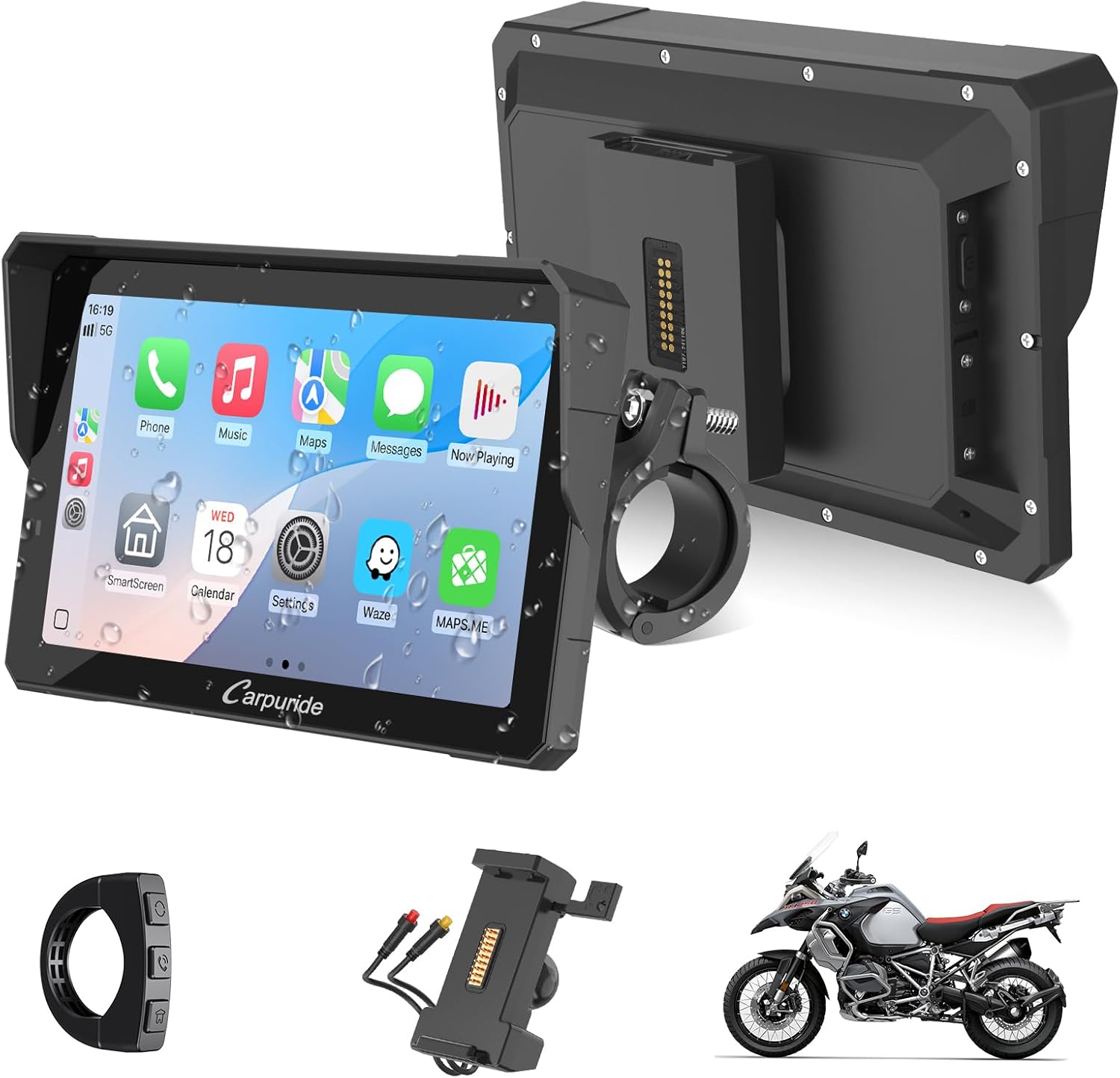CARPURIDE W702S Pro Motorcycle Carplay Screen with BM05 Support for Plug-and-Play, Wireless CarPlay and Android Auto, 7" Waterproof Touch Screen, Dual Bluetooth, Wired Controller, Navigation, Compass.