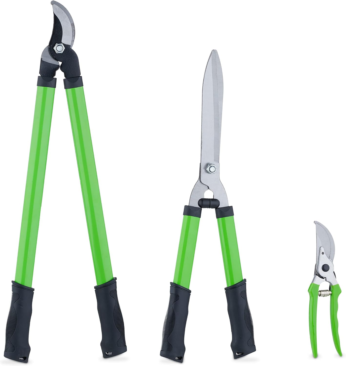 Relaxdays Gardening Tool Set for Greenwood, Pruners, Shears & Manual Hedge Trimmers, Steel Blade, Green