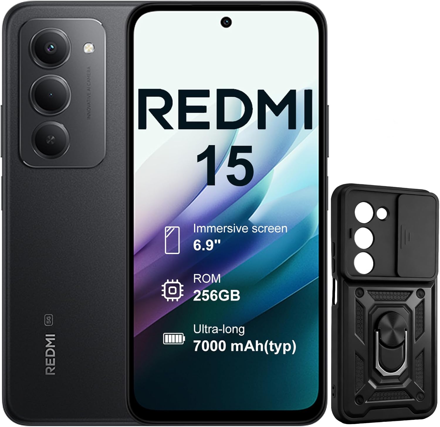 XIAOMI Redmi 15 Smartphone 5G, 8GB/256GB, 6.9 inches, Comfortable for the Eyes, 7000 mAh Battery, 33 W Fast Charge and 18 W Reverse Charge, Case Included (Black)