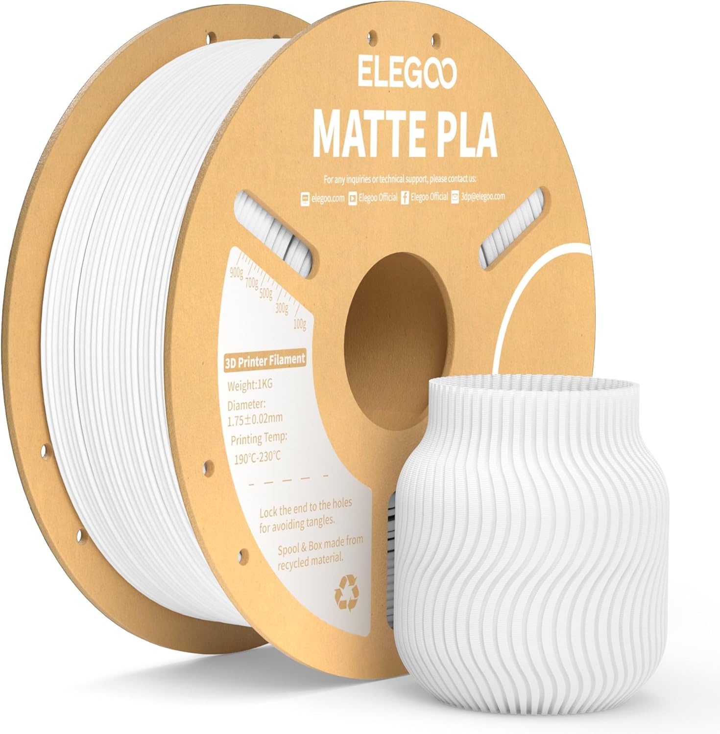 ELEGOO Matte PLA Filament White 1kg, 1.75mm 3D Printer Filament Dimensional Accuracy +/- 0.03mm, 1kg Spool of Carton (2.2lbs) for Most FDM 3D Printers
