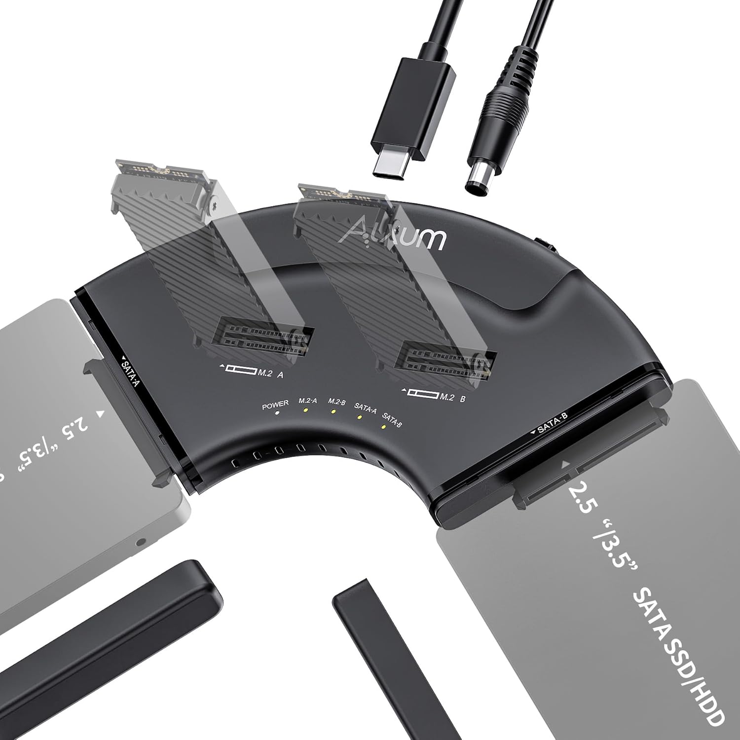 Alxum USB 3.0 to M.2/SATA Adapter - 4 Bay Dual PCIE NVMe USB C 10Gbps Hard Drive for 2230-2280 M.2 SSD 2.5/3.5 Inch SATA SSD Compatible with Windows/Mac oS/iPadOS/iOS/Linux/Android