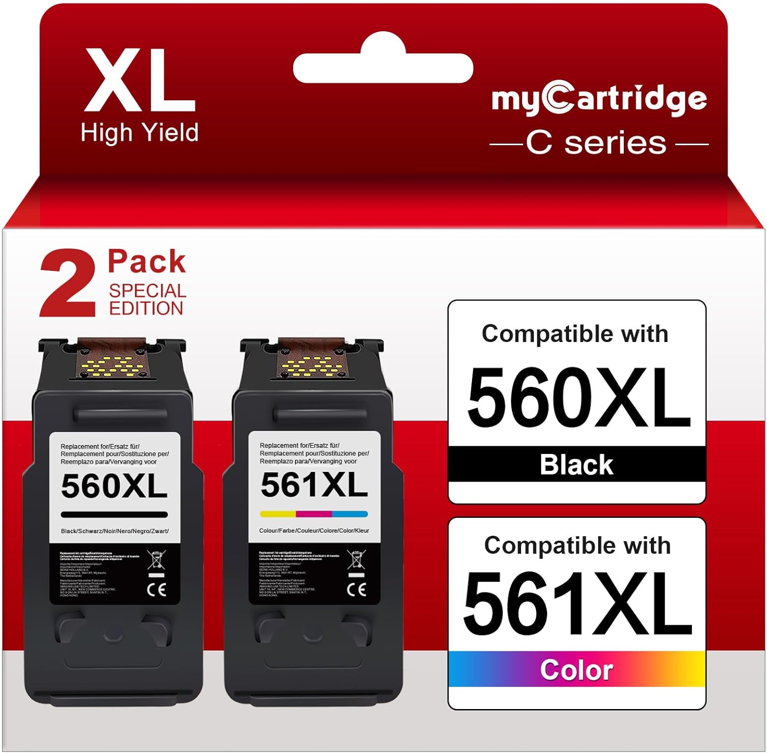 myCartridge PHOEVER 560 561 XL Cartridges PG-560XL CL-561XL Multipack Replacement Cartridges for Canon 560 560 PG 560 XL Black and CL 561 XL for TS5350 TS5351 TS5352 TS5353 TS7451 Printers (2-Pack)