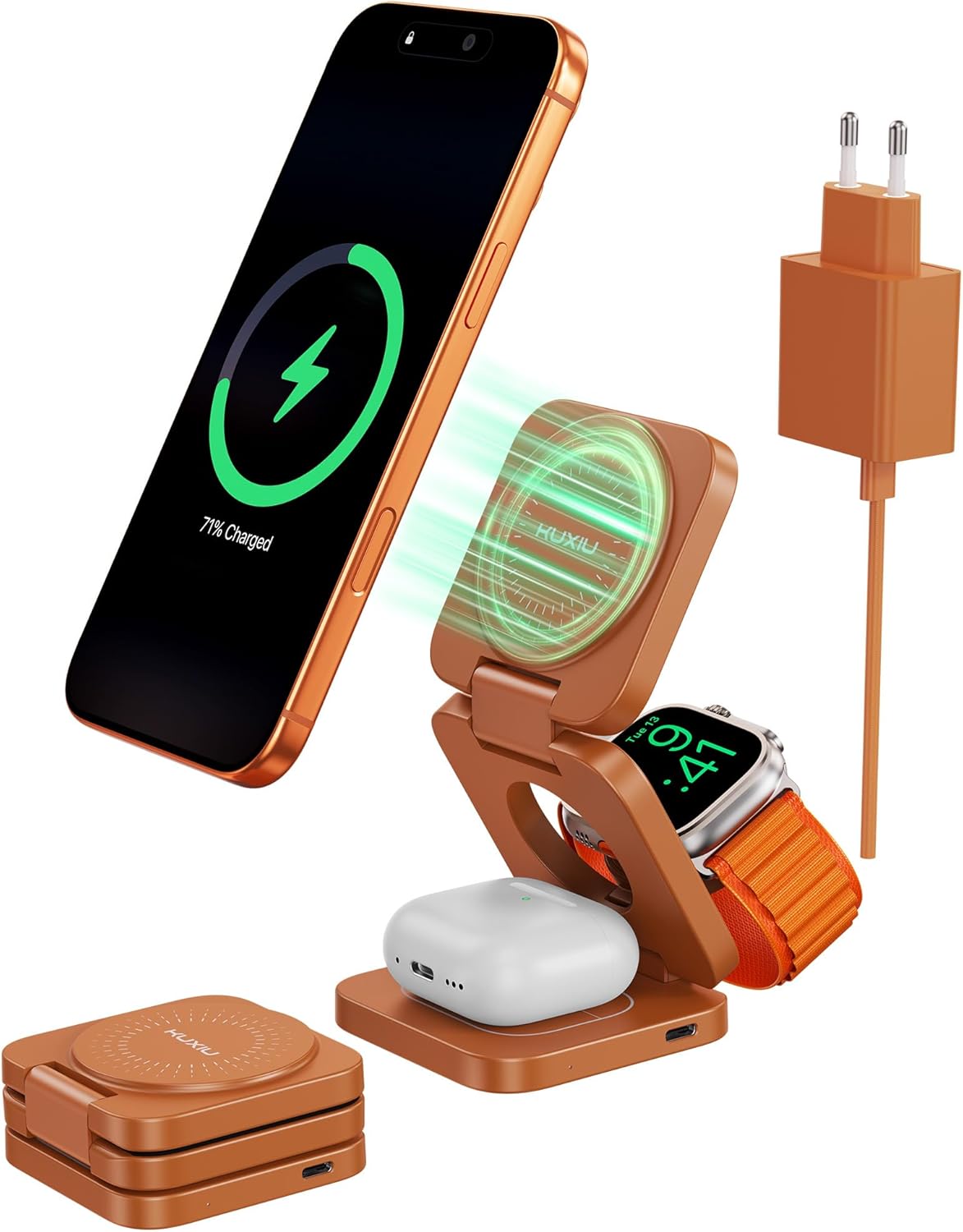 KU XIU X55 Turbo 25W Charging Station for Magsafe, Foldable Wireless Charger 3 in 1, Magnetic Induction Charger Stand for iPhone 17-12 & Watch & AirPods, 45W Adapter Included, Orange