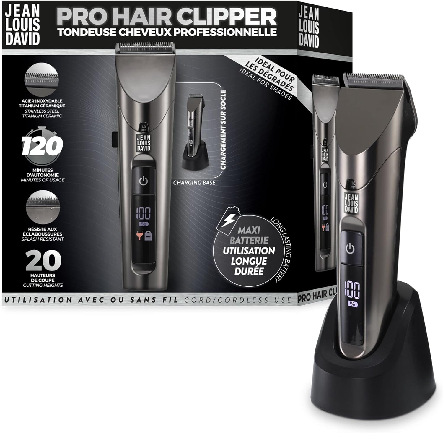Jean Louis David Pro Hair Clipper - Stainless Steel Blades - Titanium Ceramic Coating - 20 Heights - 120 Min Battery Life - Cordless - Precise and Versatile Men's Cutting Accessory
