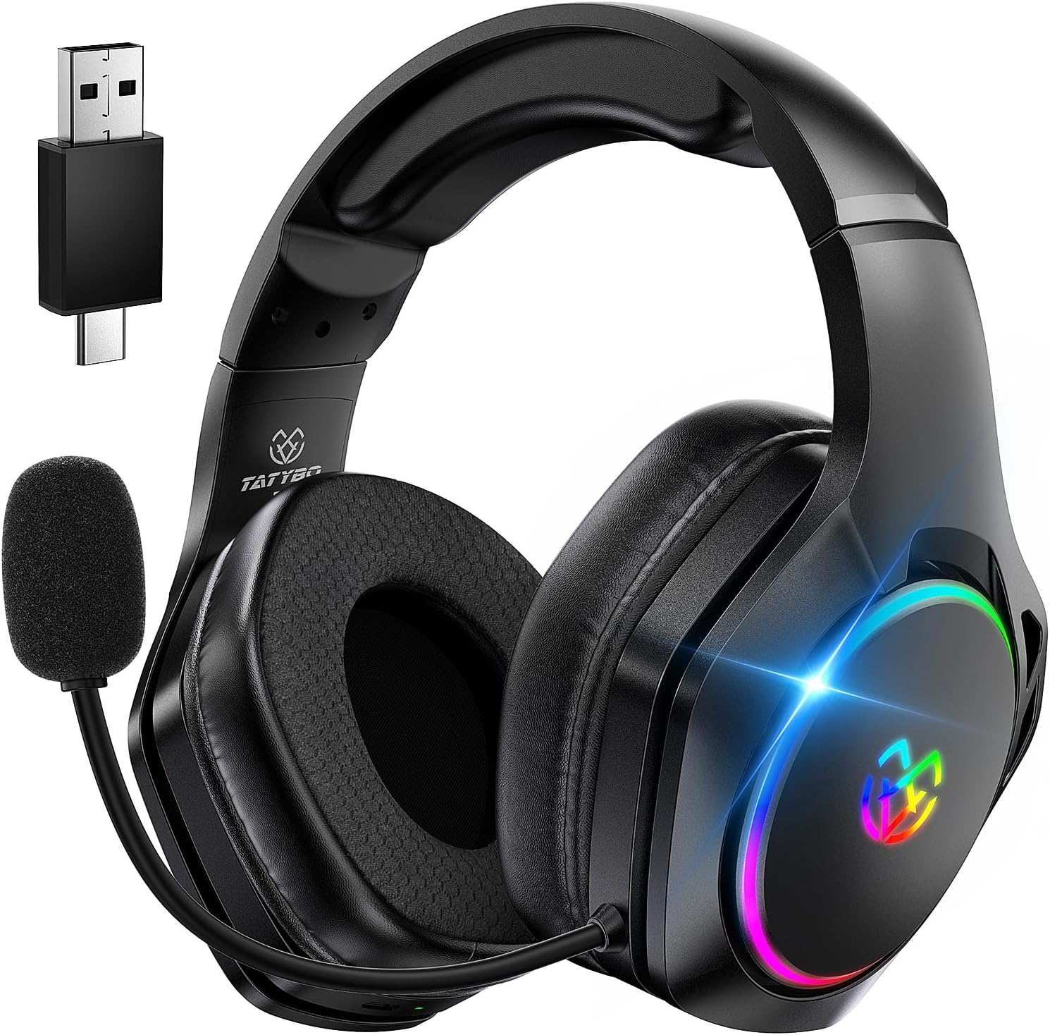 Tatybo Wireless Gaming Headphones, Headset with Mic Environmental Noise, 7.1 Surround Sound, 35H Battery, 50mm Transducers, Breathable Earbuds, Gamer Headset for PS5 PC PS4 Switch