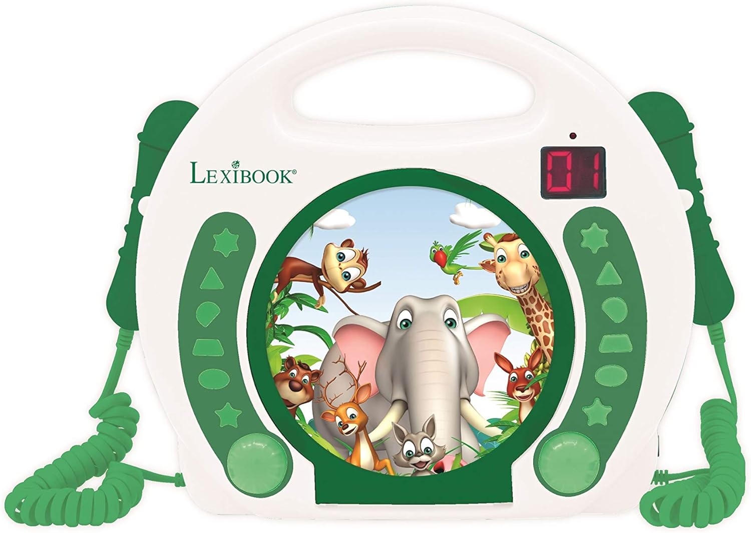 Lexibook, Animals, Portable CD Player with Micros, Handle, Programming, Repeat, Karaoke, Headphone Jack, Child, Boy, Girl, White/Green, RCDK100ANX