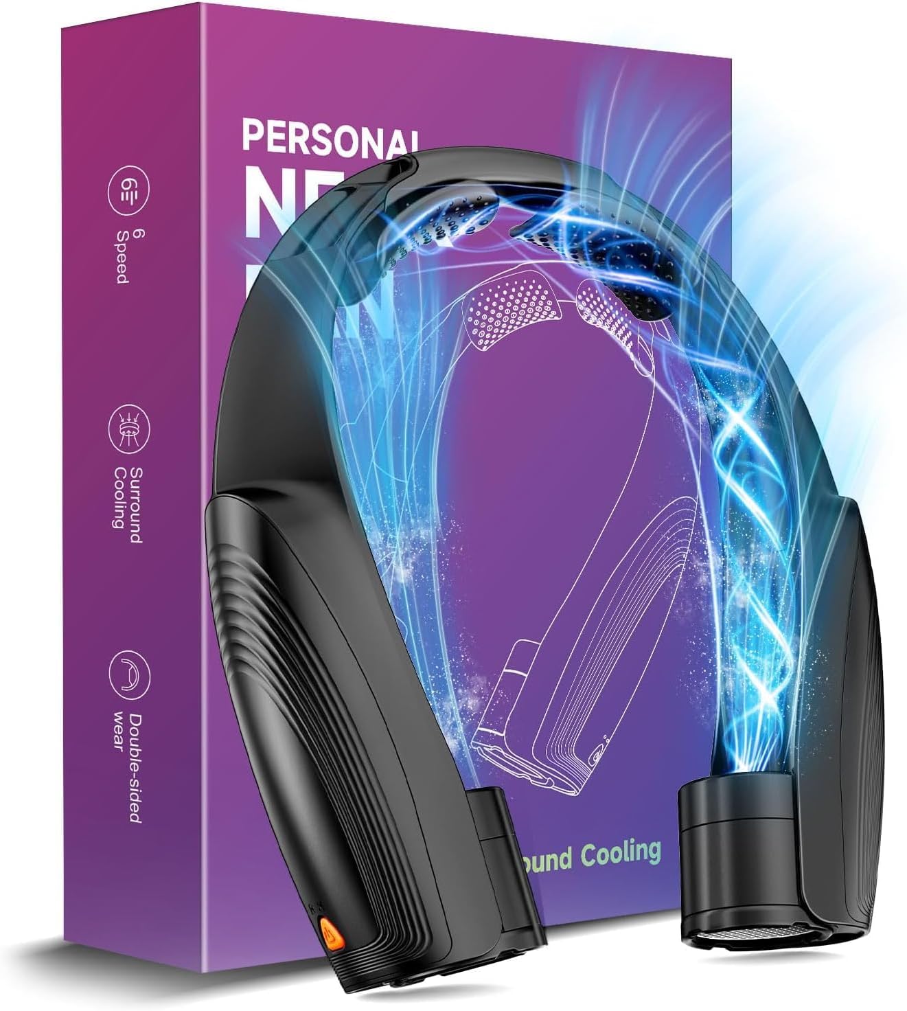 Portable Neck Fan, 8000 mAh USB Rechargeable, 6 Speeds Neck Air Conditioner, Personal Neck Fans for Office, Car, Camping, Outdoor, Black