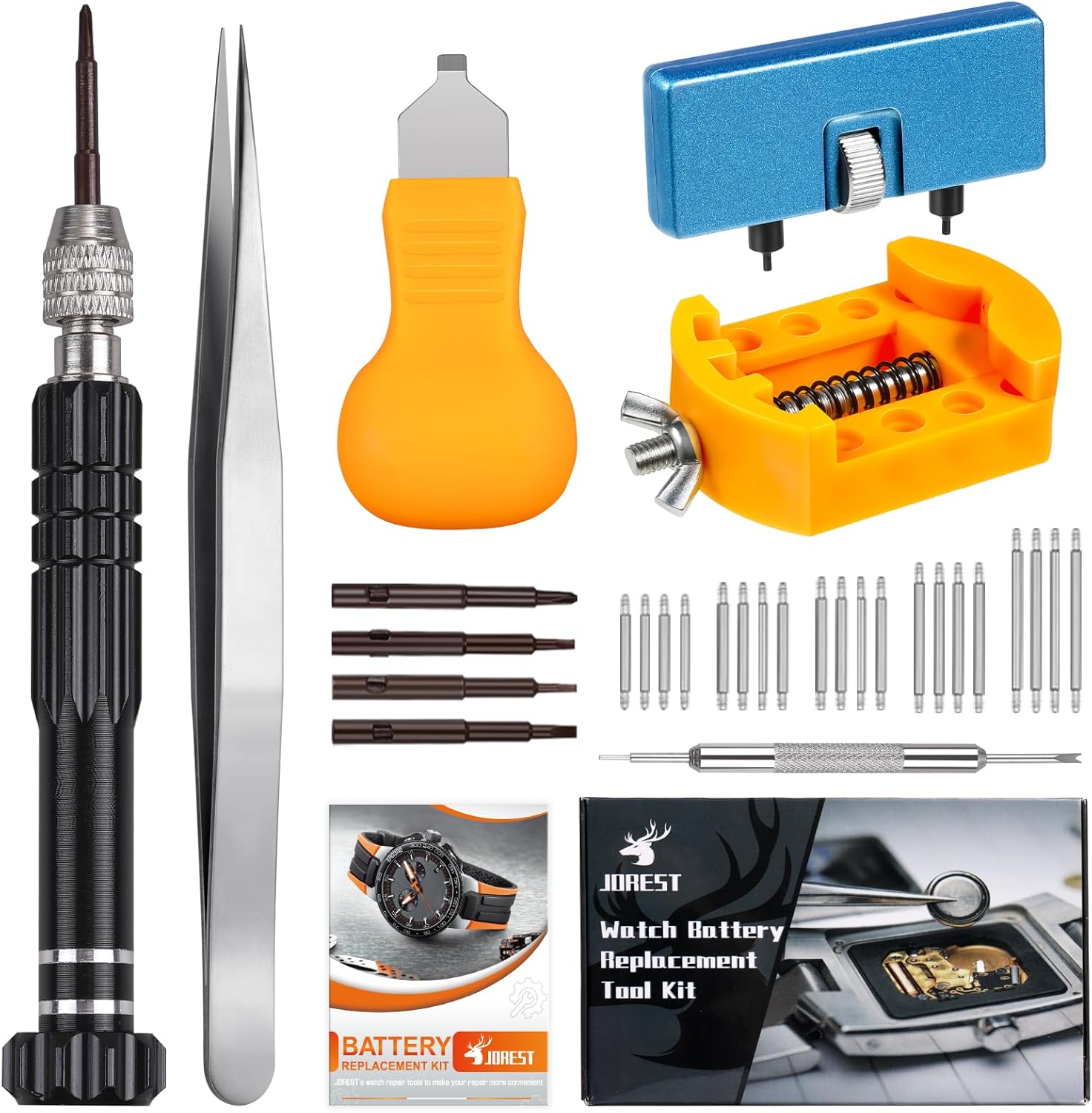 JOREST Watch Battery Change Kit, Watch Tool Kit, Watchmaker Repair Screwdriver, Replacement Battery, Watch Case Opener, Watch Disassembly, Watch Case Holder, Spring Bar, Tweezers