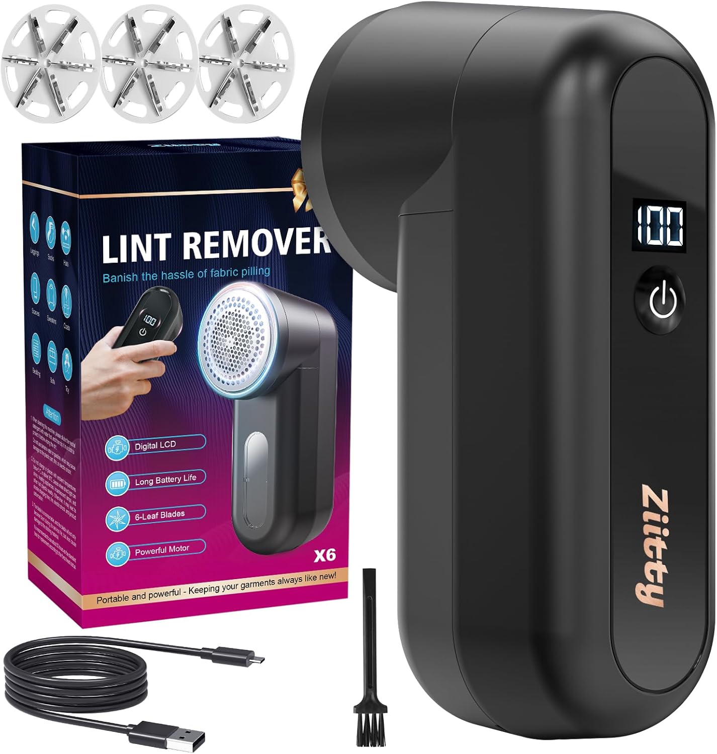 Ziitty Electric Pill Shaver LCD Display, Rechargeable Type-C Cable, 3 Adjustable Power Levels, 6 Blades Head for Lush, Ideal for Clothing, Sofa, Covers, Curtains Black