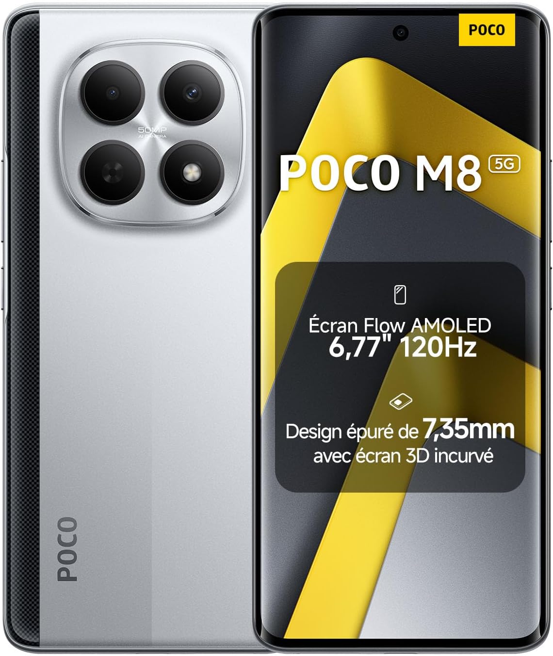 Xiaomi POCO M8, 8+512GB Smartphone, 6.77 inch FIow 120Hz AMOLED Screen, Snapdragon 6 Gen 3, Dual 50MP AI Camera, Elegant Curved 3D Design, Silver, 2-Year Warranty, Charger Not Included