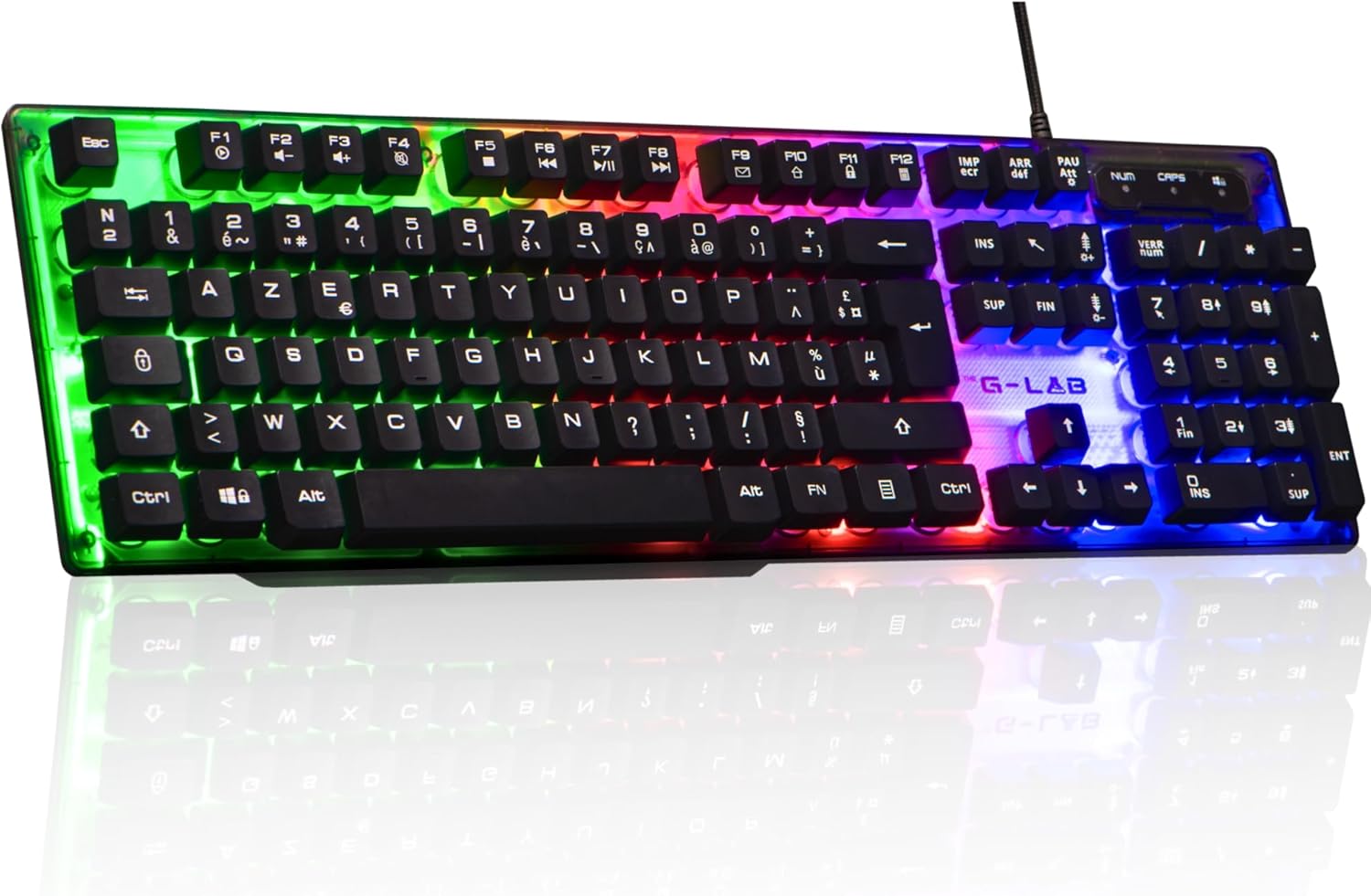 The G-Lab - Neon Keyz - USB Wired AZERTY Gaming Keyboard, Rainbow LED Backlight - Semi-mechanical gaming keyboard, 19 Antighosting keys, 12 multimedia shortcuts - PC/PS4/PS5/XBOX – New