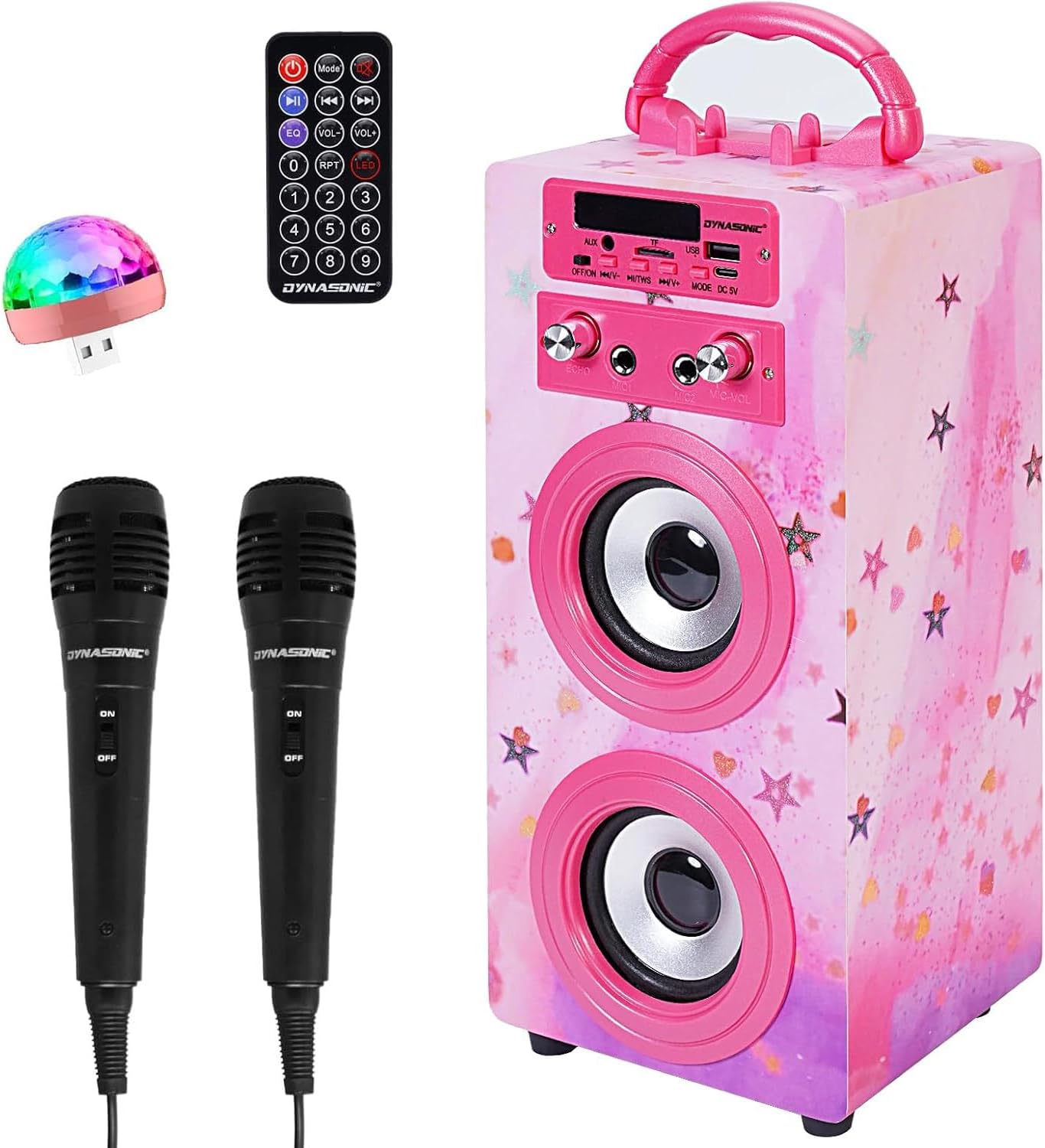 Dynasonic Portable Bluetooth Karaoke Machine with 2 Microphones, USB/SD/AUX, LED Lights, Rechargeable Battery - Kids Birthday Party Gift