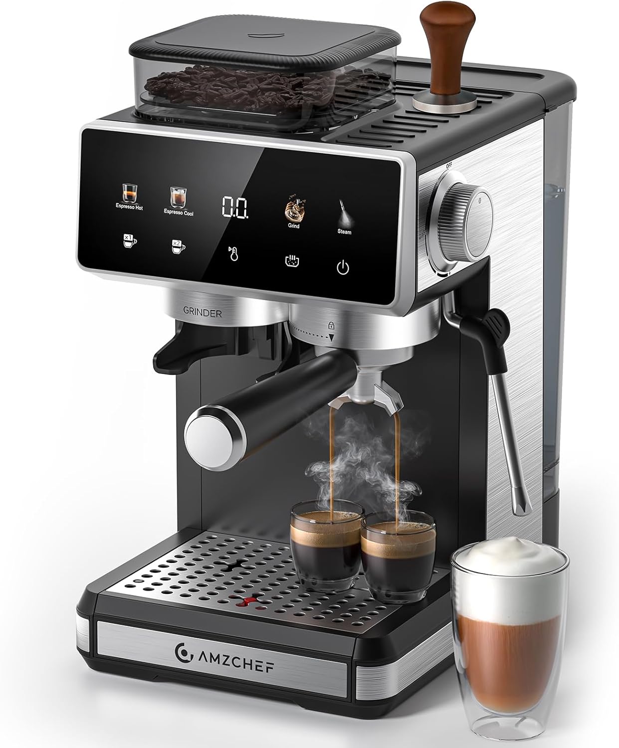 AMZCHEF Espresso Coffee Machine with Grinder, Coffee Maker 20 Bar, Custom Control: 3 Temperatures & 20 Grind Settings, Milk Frother, Cold Coffee, 1350 W