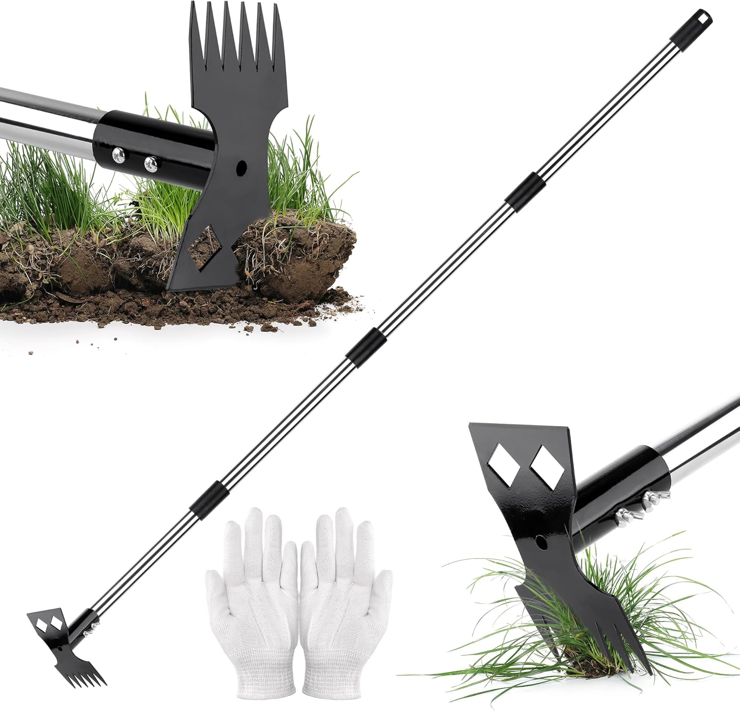 Manual Weed Killer 160 cm, 2 in 1 Weed Extractor with Long Handle and Gloves, Rake and Garden Hoe for Yard, Lawn, Patio, Planting, Gardening