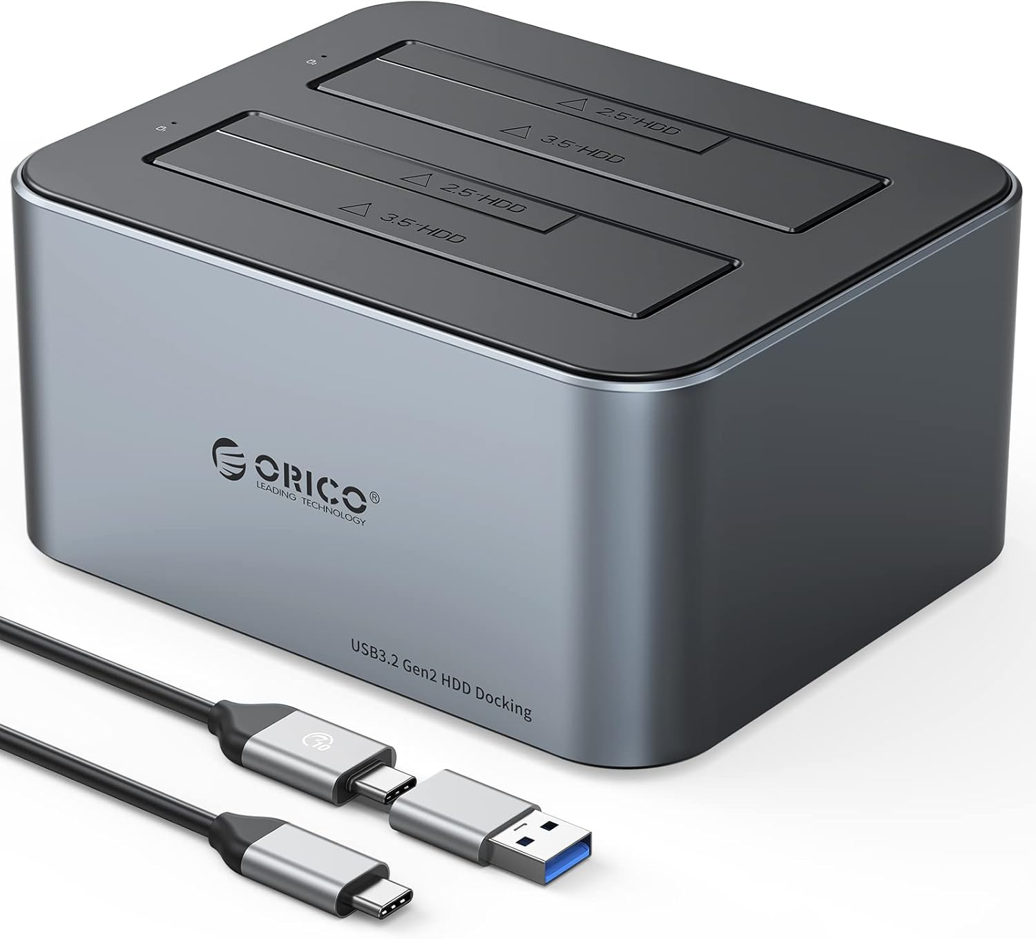 ORICO USB 3.2 Gen 2 Aluminum Dual Hard Drive Docking Station for SATA 2.5/3.5" SSD/HDD 2 Bay, 12V 3A Power Supply, Supports 2 x 18TB, Tool-Free, (6626C3)