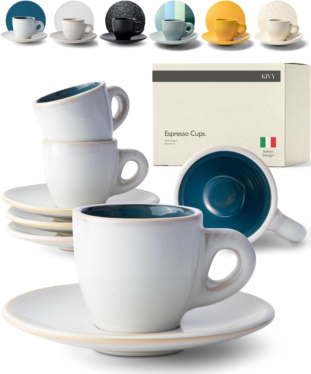 KIVY Espresso Cup Set [4 x 75ml] - Thick Wall Earthenware Espresso Cups - Coffee Cup - Espresso Cup - Coffee Set - Coffee Cup - Espresso Cup Set - Blue
