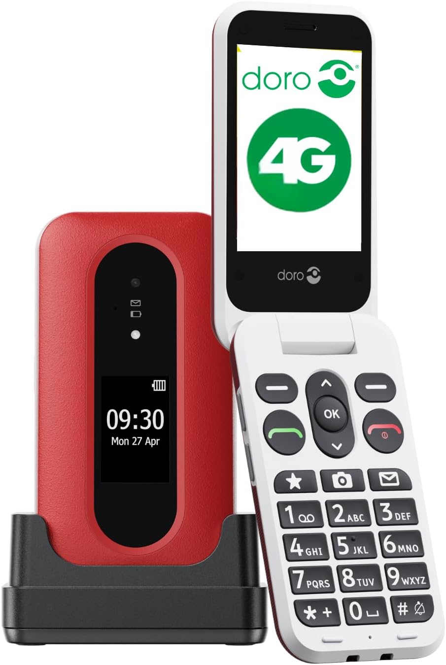 Doro - Leva L30 - Senior Mobile Phone - Unlocked 4G Flip Phone - External Display - HD Sound - Camera -Assist Button with GPS - Charger Stand Included - Red/White