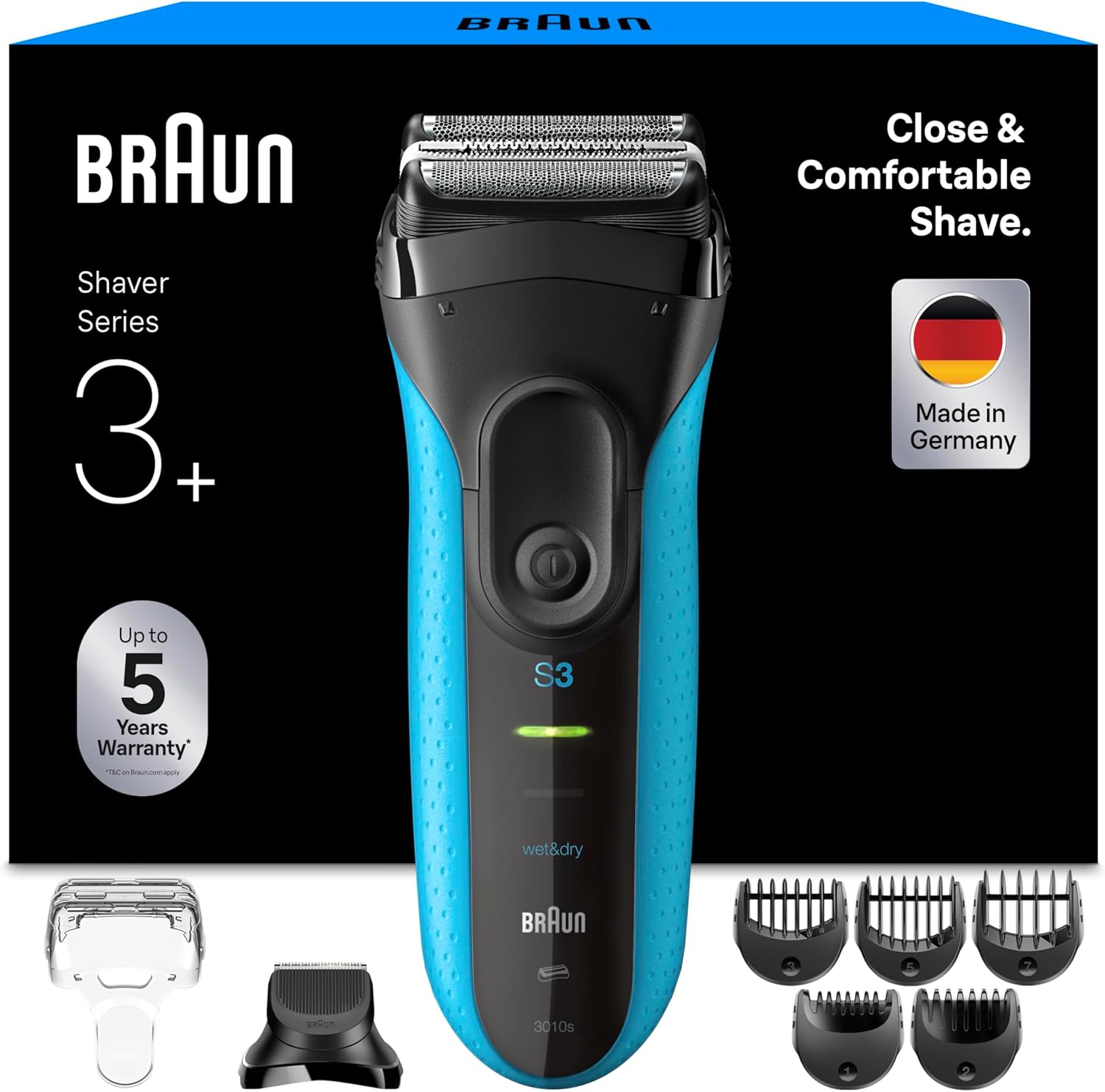 Braun Men's Electric Razor Series 3 3010BT, Blue, Waterproof, Micro-Comb, Flexible Blades for Shaving the Face, 5 Combs, Shaving Set with Beard Trimmer Accessory