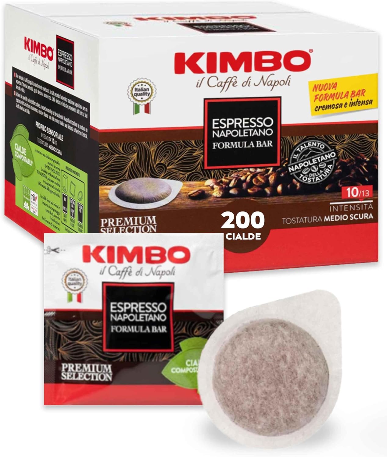KIMBO Espresso Napoletano - 200 E.S.E. Pods 44 mm (2 x 100) - Barista Quality (Formula Bar) - Intensity 10/13, Medium Dark Roast - Economy Pack