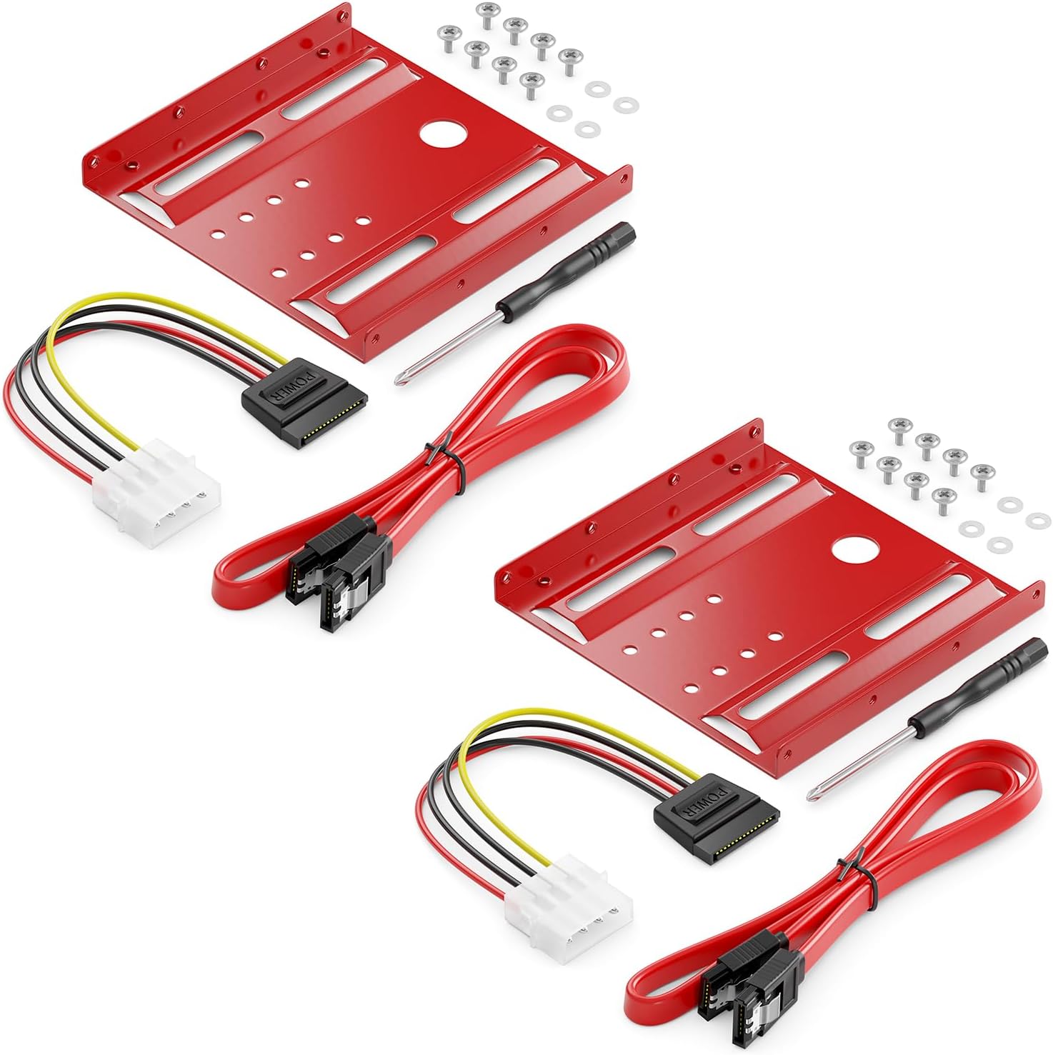 deleyCON 2 x Mounting Frame for 2.5 SSD to 3.5 HDD Removable Frame Mounting Frame Rails with Screws Power Adapter SATA Cable & Screwdriver – Red