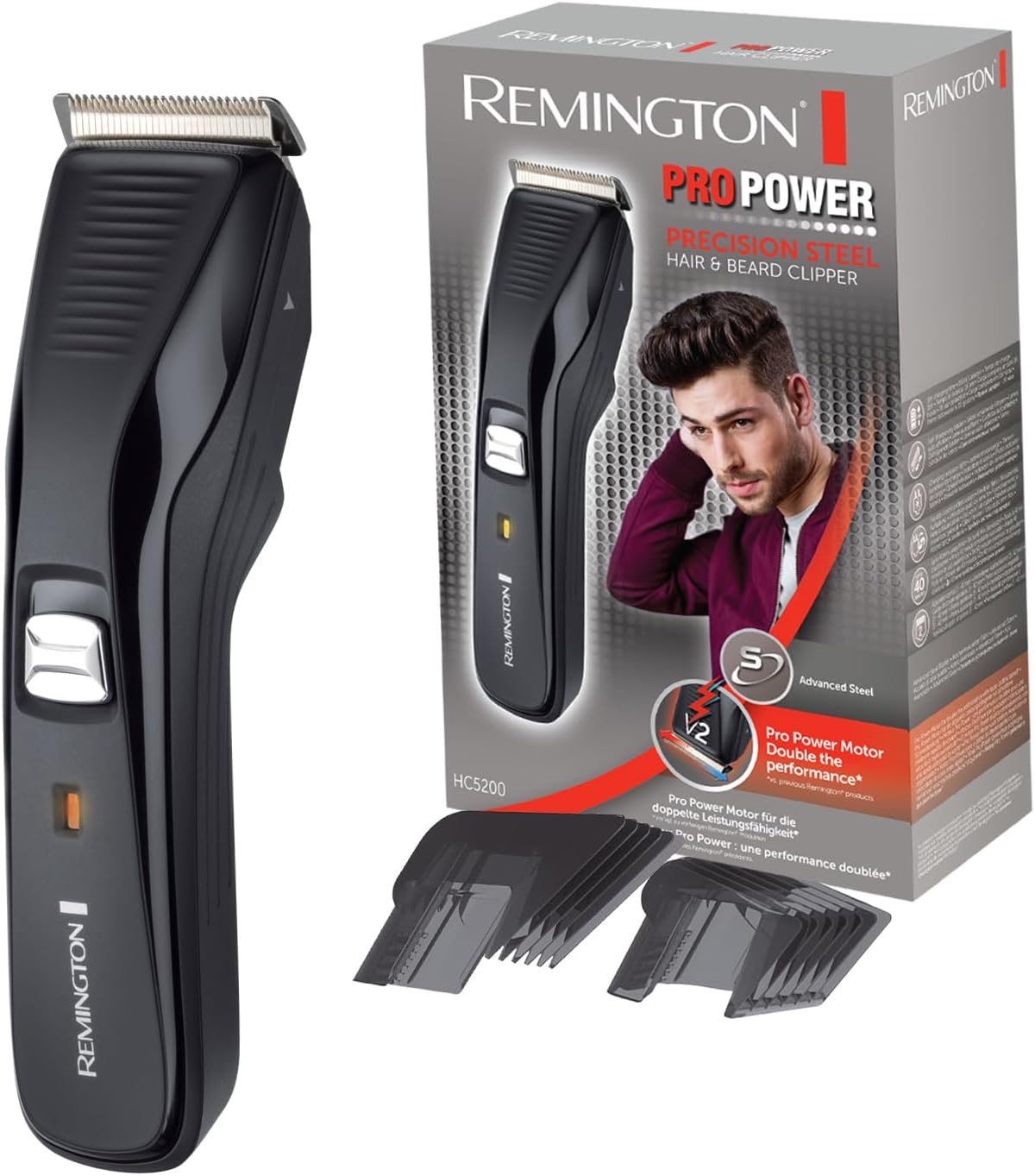 Remington Hair Clippers [Powerful Pro Motor] Pro Power (Self-Sharpening Stainless Steel Blades, Mains / Wireless-Lithium-Ion Battery, 2 Adjustable Combs 3-42mm) HC5200 Trimmer