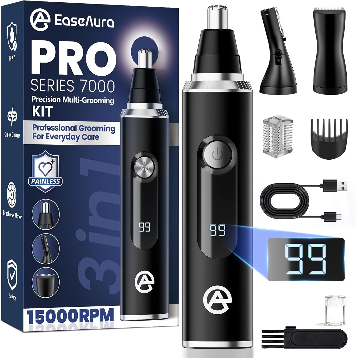 3 in 1 Rechargeable Nose Shaver, Eyebrow, Beard, Scissors, Nose and Ear Hair Trimmer, Nose Hair Trimmer, Rounded Head Nose Hair Trimmer, Nose Hair Trimmer (Matte Black)