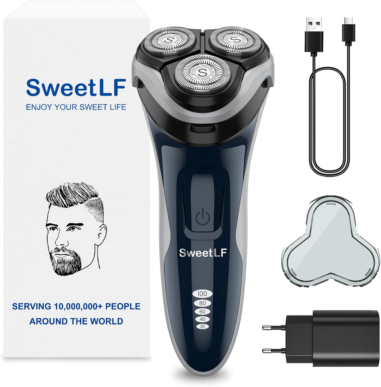 SweetLF SW-S7105 Wet & Dry Men's Rechargeable Electric Shaver, High Precision Beard Trimmer with 3D Rotating Heads, 100% Waterproof & 120 Minute Battery Life, Blue, SW-S7105