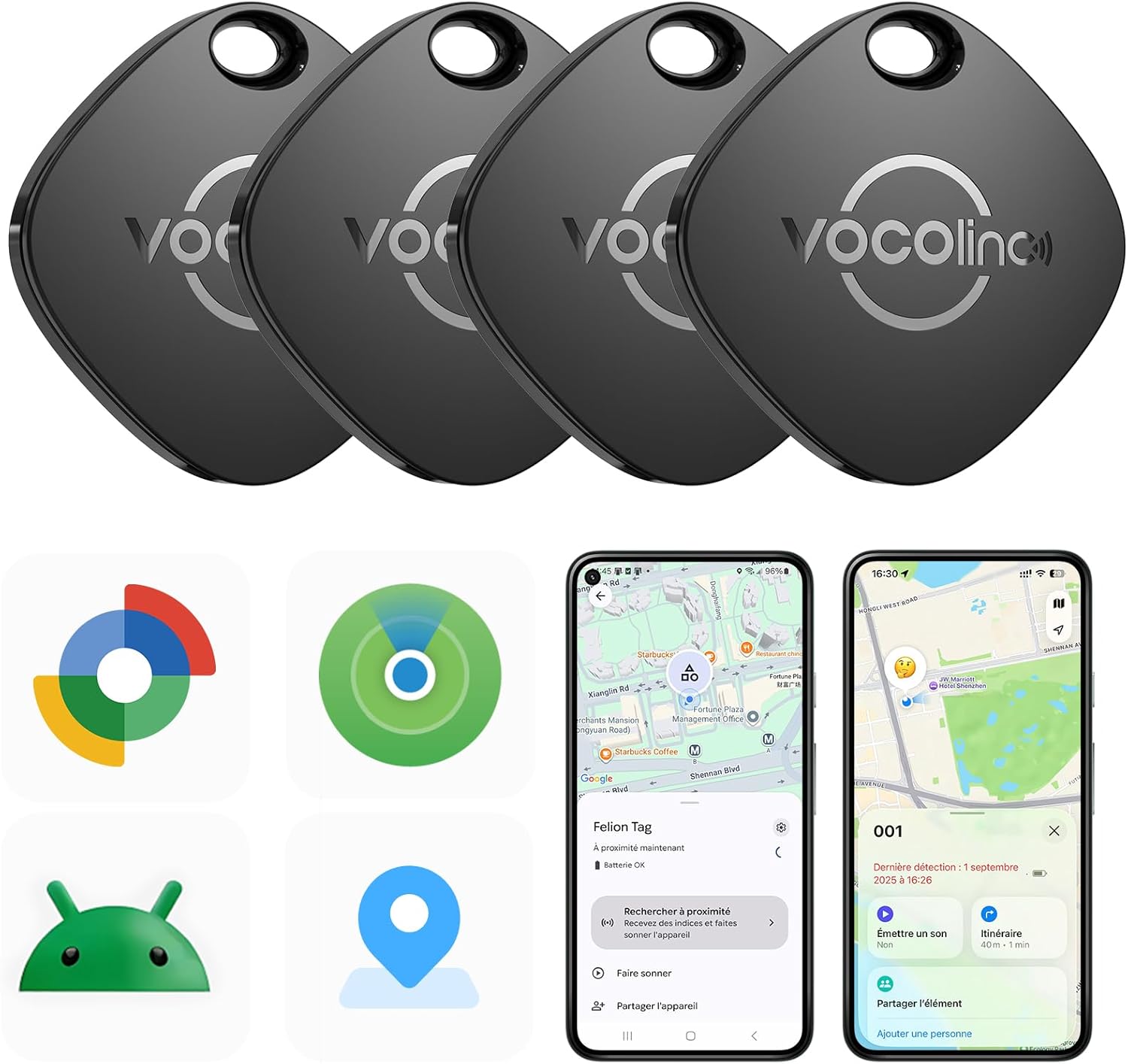 VOCOlinc Android Smart Tag Set of 4 Dual System, Air-tag Tracker Works with Apple and Google App Locate Tracker, Tracker Object Locators for Suitcase/Keys/Bags/Luggage, Replaceable Battery