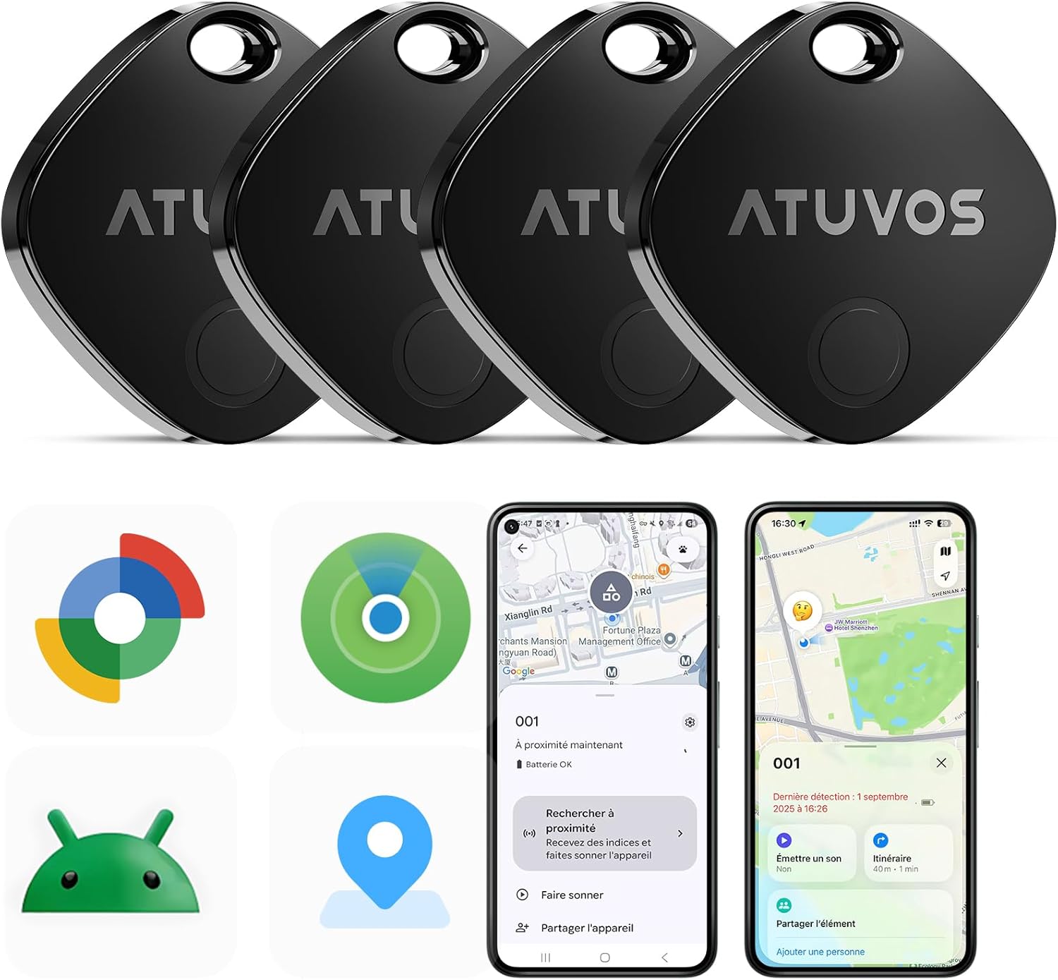 ATUVOS Smart Tag Android Air Tag Tracker Set of 4, Works with Google App and Apple Locate, Bluetooth Tracker Locators for Keys/Wallets/Suitcases/Luggage, Replaceable Battery