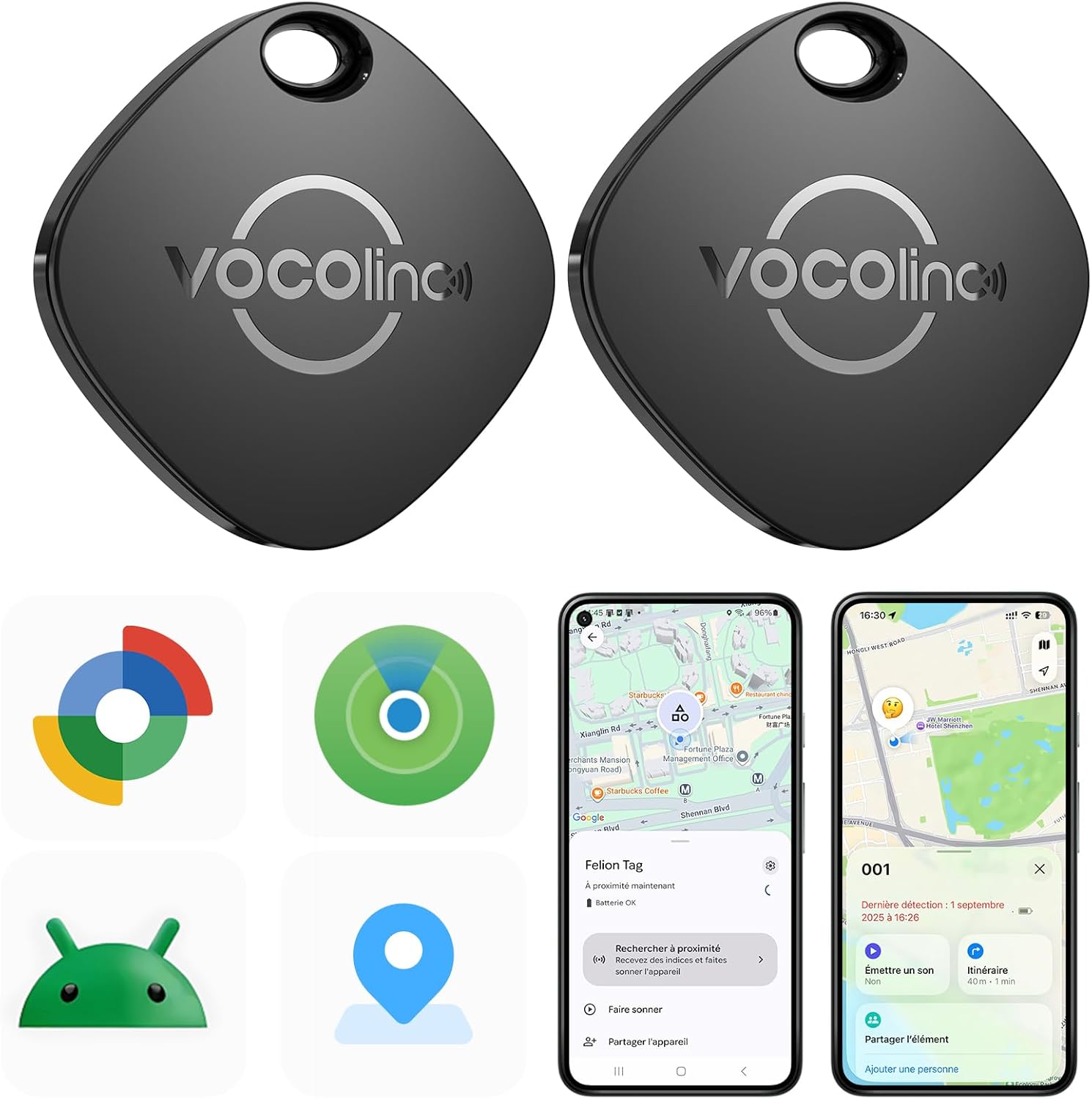 VOCOlinc Android Smart Tag 2 Pack Dual System, Air-Tag Bluetooth Tracker Works with App Locate Apple and Google, Object Locators for Suitcase/Keys/Bags/Luggage, IP68 Waterproof