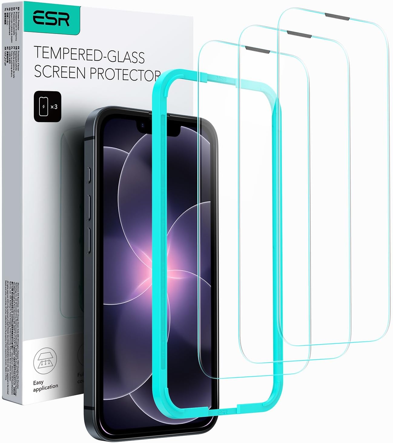 ESR 3 Pieces Tempered Glass for iPhone 17e/iPhone 16e/iPhone 14/iPhone 13/iPhone 13 Pro, Easy Installation Frame, Ultra Resistant, Screen Protector, Anti-Scratch, Military Protection
