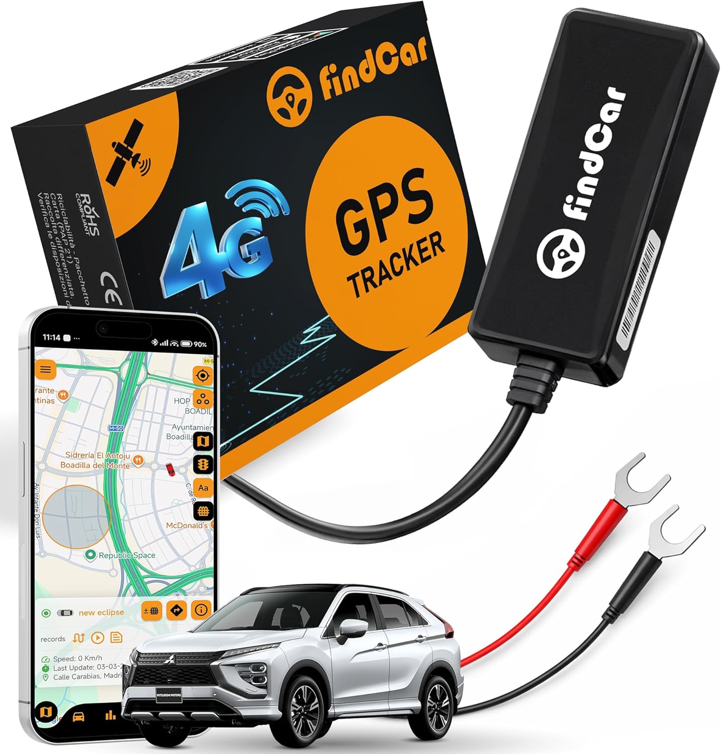4G GPS Tracker for Car, Motorcycle and Truck with Direct Battery Connection and Built-in SIM Card, Tracking with App, Security Zone Anti-Theft Alert and Speeding