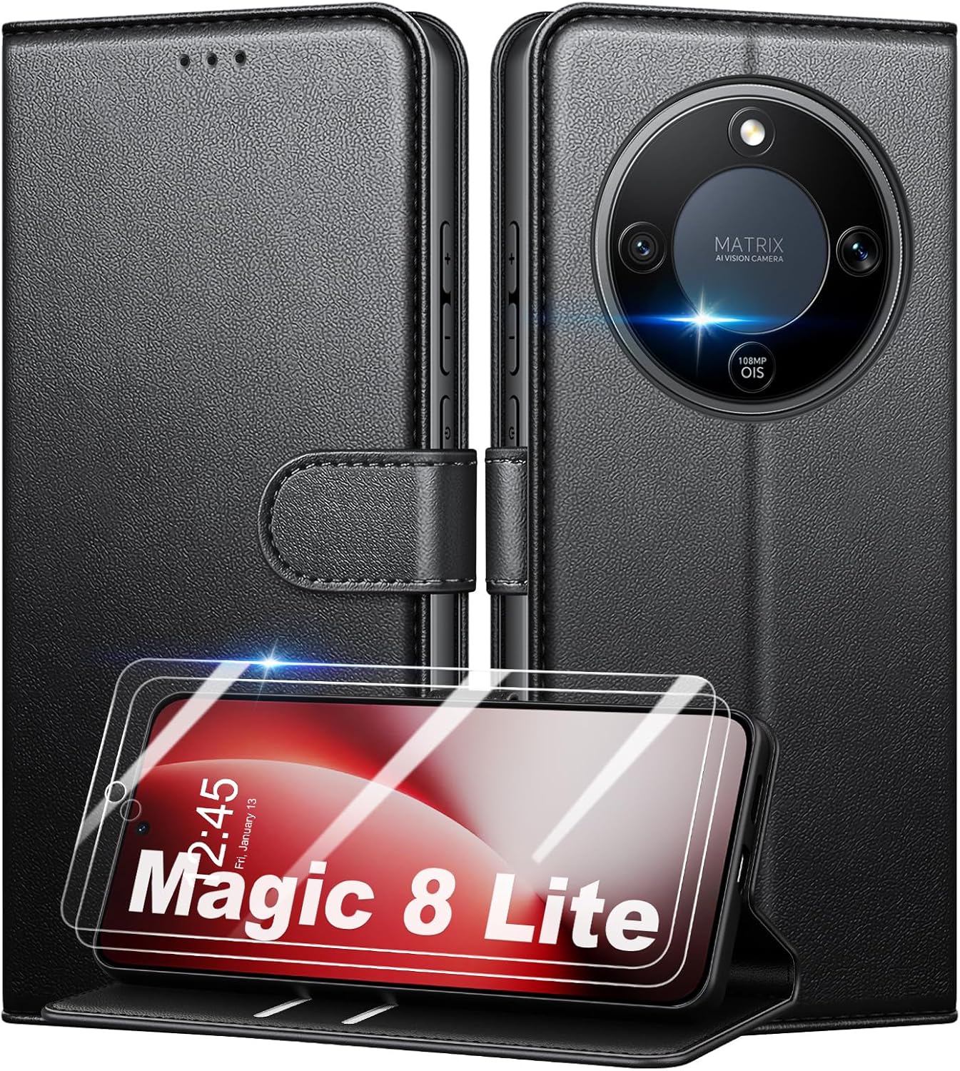 Case for Honor Magic 8 Lite + 2 Pieces Tempered Glass, [RFID Blocking] Premium PU Leather Protective Case, [Card Slots] Wallet Flip Case – Black
