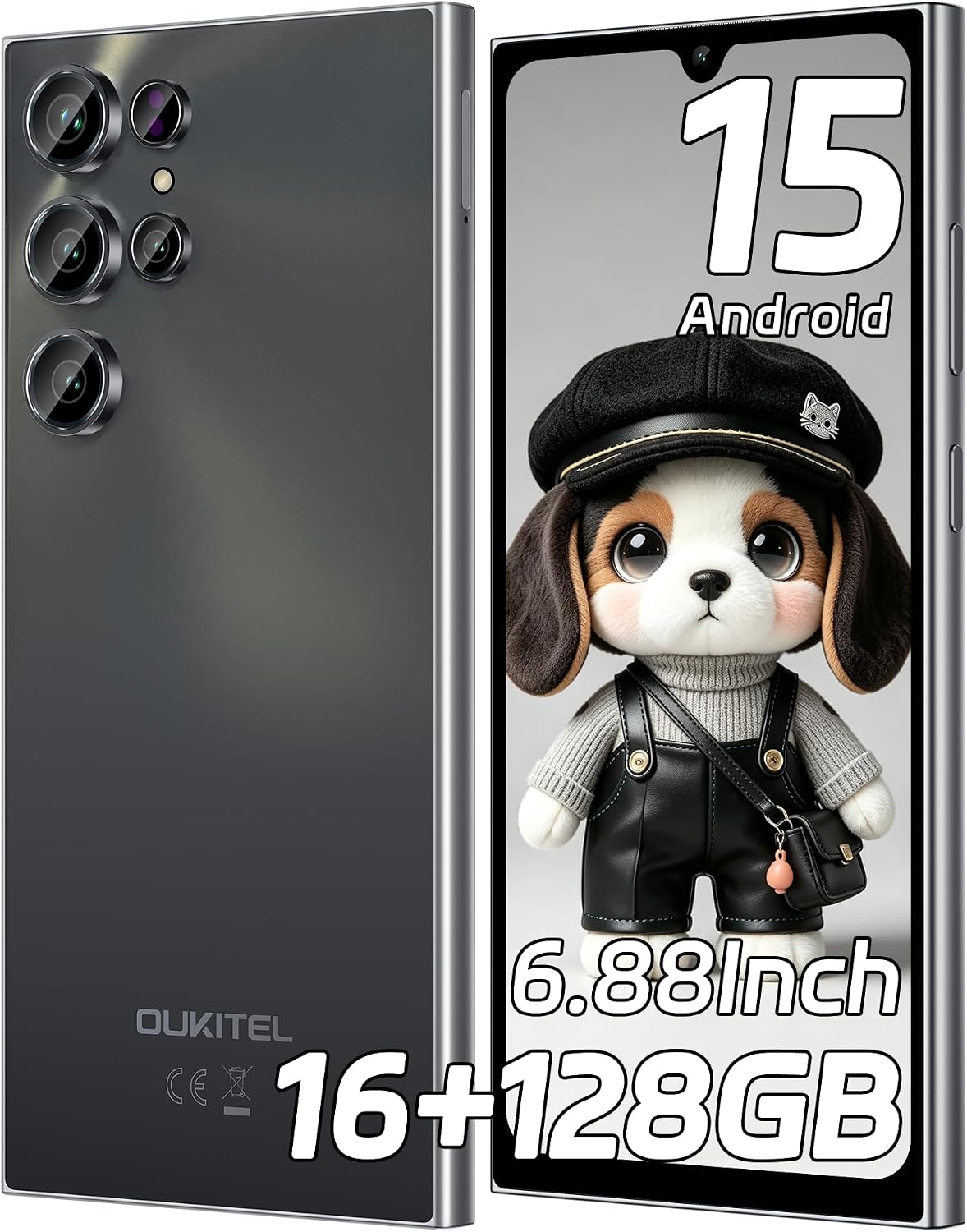 C61 Cheap Smartphone 16GB +128GB/1TB, 6.88" HD+ Screen - Black | Android 15 Mobile Phone, 5150 mAh Telephone, 13MP+5MP Gaming Phone, 4G Dual SIM, Fingerprint, Face ID, GPS