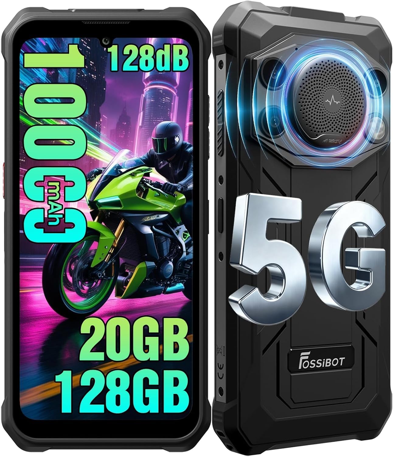 FOSSiBOT F110Pro 5G Unbreakable Android Phone 15-11000mAh, MediaTek Dimensity 6300+ Mobile Phone, 128dB Speaker Smartphone, 20GB + 128GB/2TB 6.745 Screen, 50MP Camera (Black-5G)