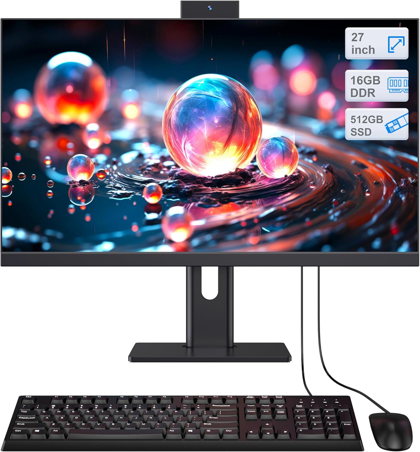 Desktop Computer 27'' Quad-Core N95(up to 3.4Ghz)512GB SSD 16GB RAM with Webcam, All-in-One PC Supporting Screen Adjust, WiFi6 Dual Band Bluetooth 5.3, Black