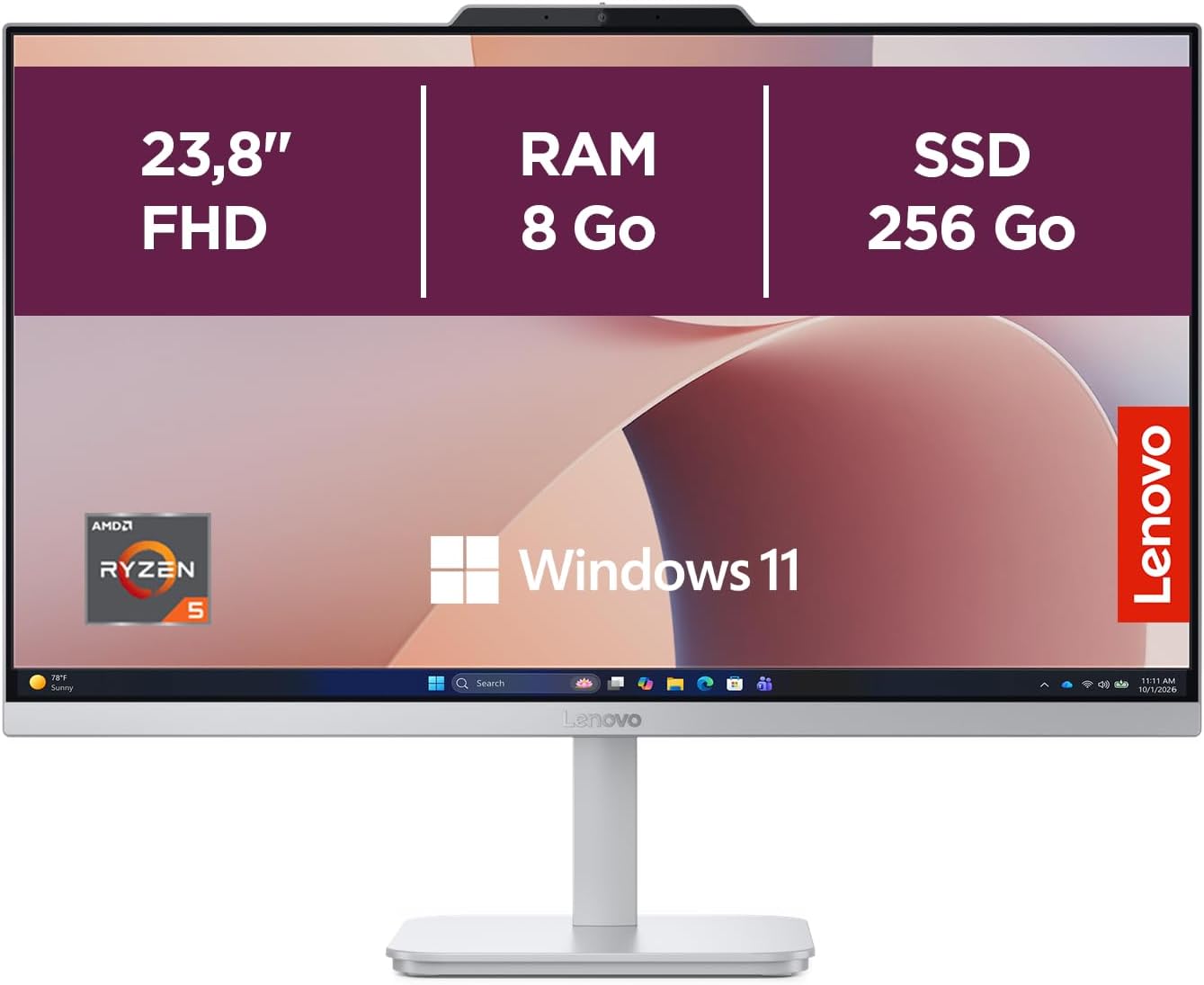 Lenovo IdeaCentre A105 24 All-in-One Desktop Computer 24 Inch FHD Screen, AMD Ryzen 5 40, 256GB SSD, 8GB RAM, WiFi 6, Windows 11H, French Keyboard and Wireless Mouse