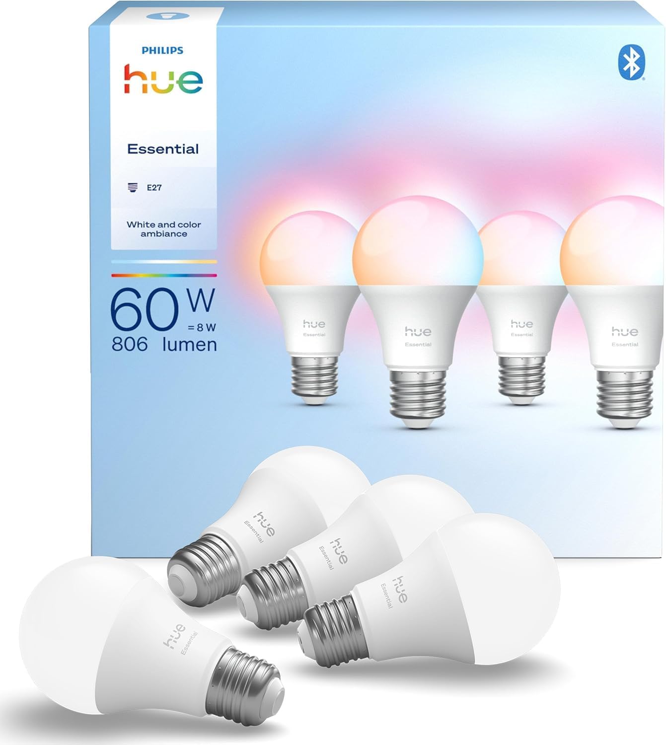 Philips Hue Essential A60 LED Bulb, 806lm, Pack of 4, Multicoloured