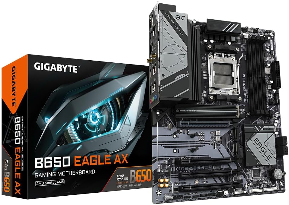 GIGABYTE B650 Eagle AX Motherboard - AMD Ryzen 9000 series, VRM 12+2+2 Phases, up to 7600 MHz DDR5 (OC), 1xPCIe 5.0 + 2xPCIe 4.0 M.2, LAN GbE, WiFi 6E, USB 3.2 Gen 2