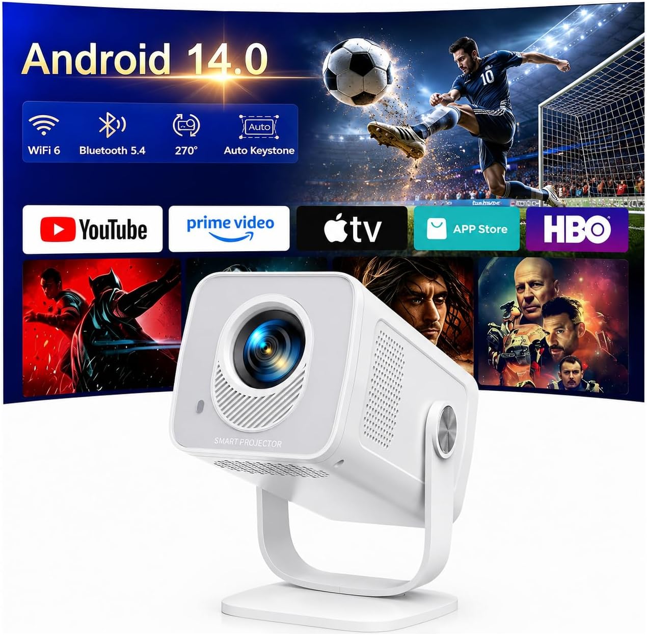 Portable 4K Video Projector with Android 14 & Built-in App - TOPTRO Mini Projector 1080P, Auto Keystone, 270° Rotation, WiFi6 Bluetooth 5.4 Bidirectional Short Focal Zoom Projector
