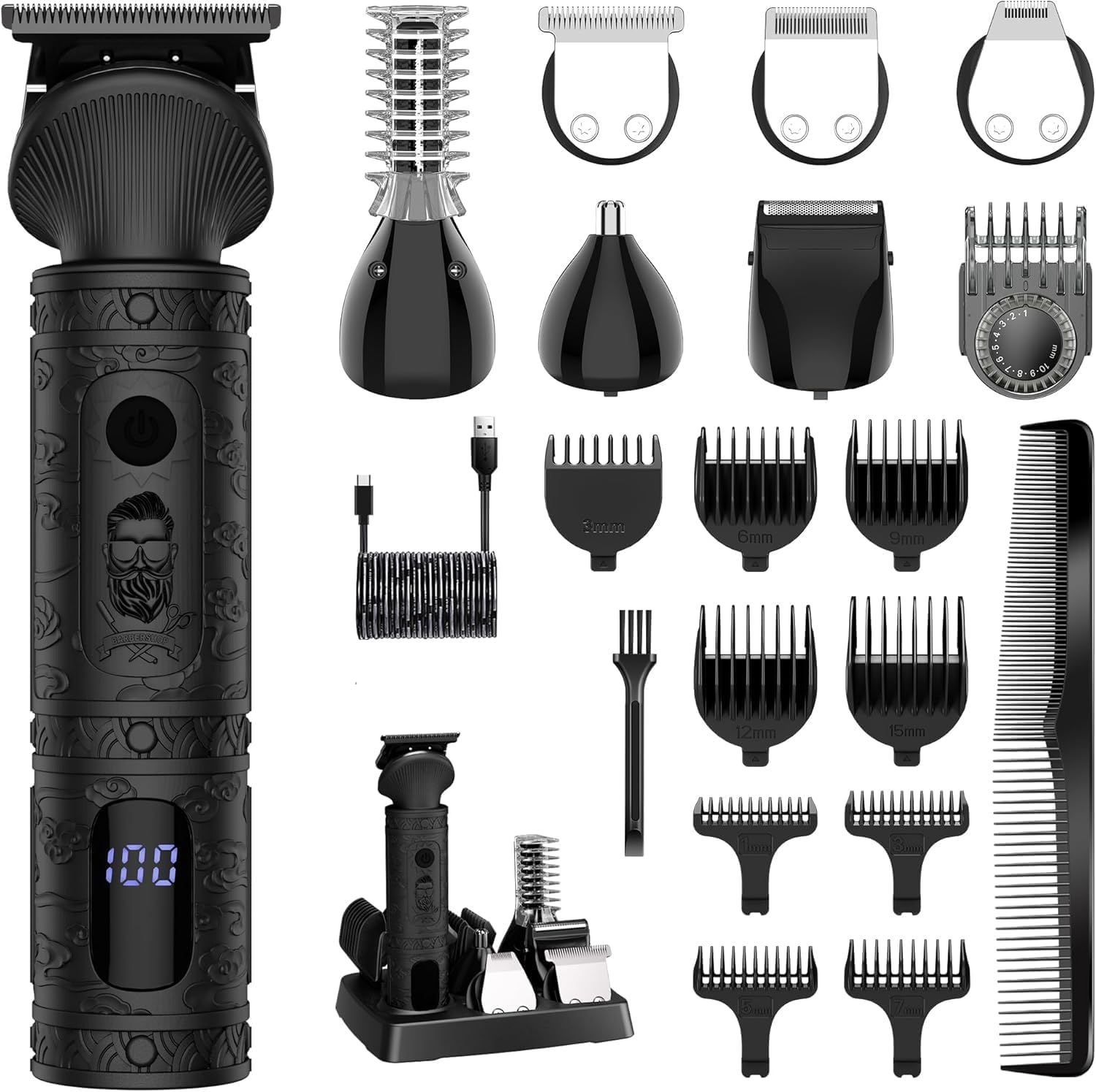 Surker Men's Beard Trimmer Professional Hair Trimmer with T-Blade Bald Hair Cutting 0.01 mm Electric Razor Precision Body Trimmer for Nose 7 in 1, Black