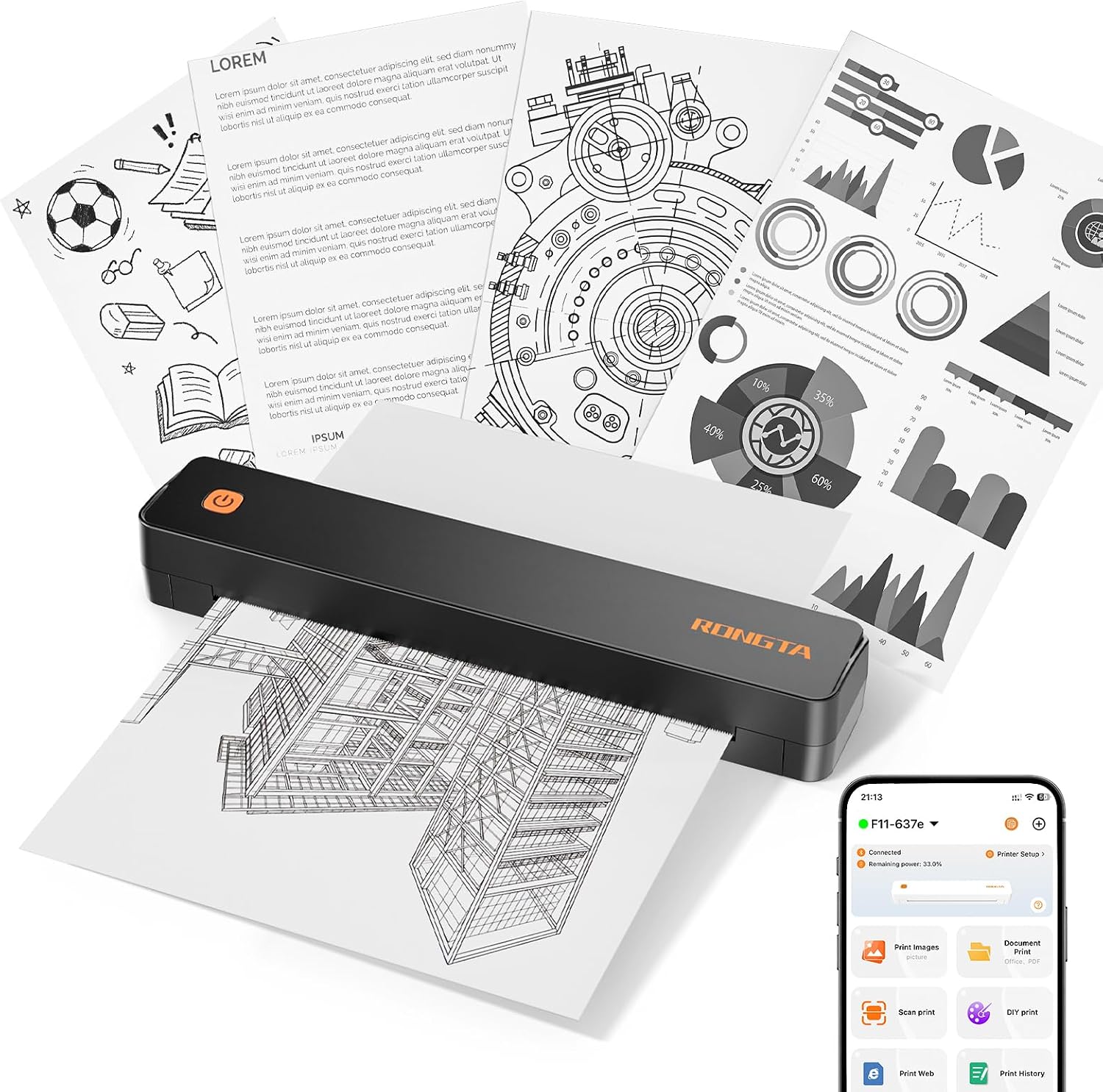 Rongta F11B inkless thermal printer, Bluetooth wireless connection, support A4 and US letters, comes with 8 thermal papers