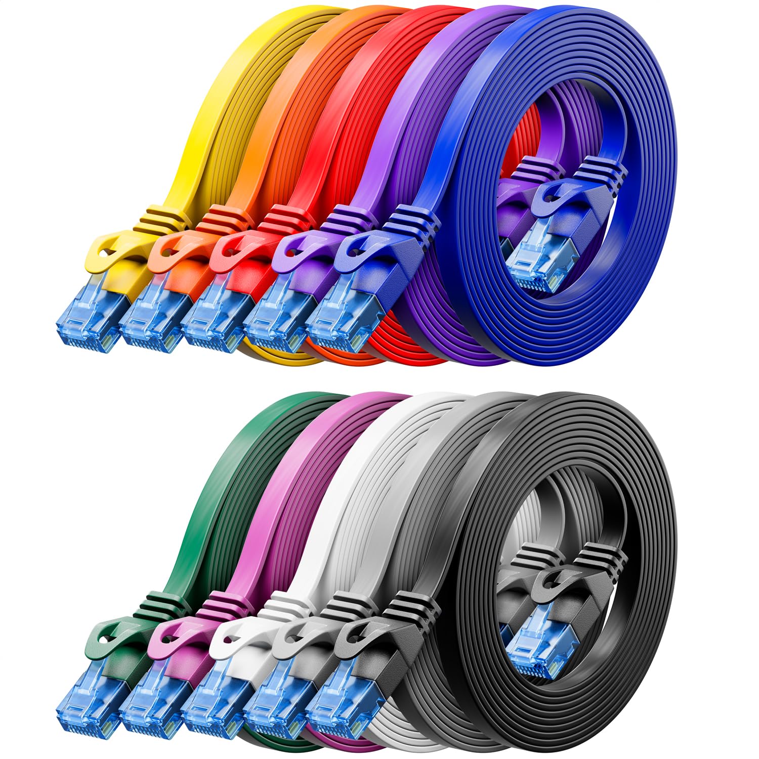 deleyCON 10 x 0.5 m CAT6 Flat Network Cable 1000 Mbit Gigabit LAN – Cat 6 RJ45 Ethernet Connection Cable Thin Flat – for Internet Switch Router Modem Patch Panel – Colourful